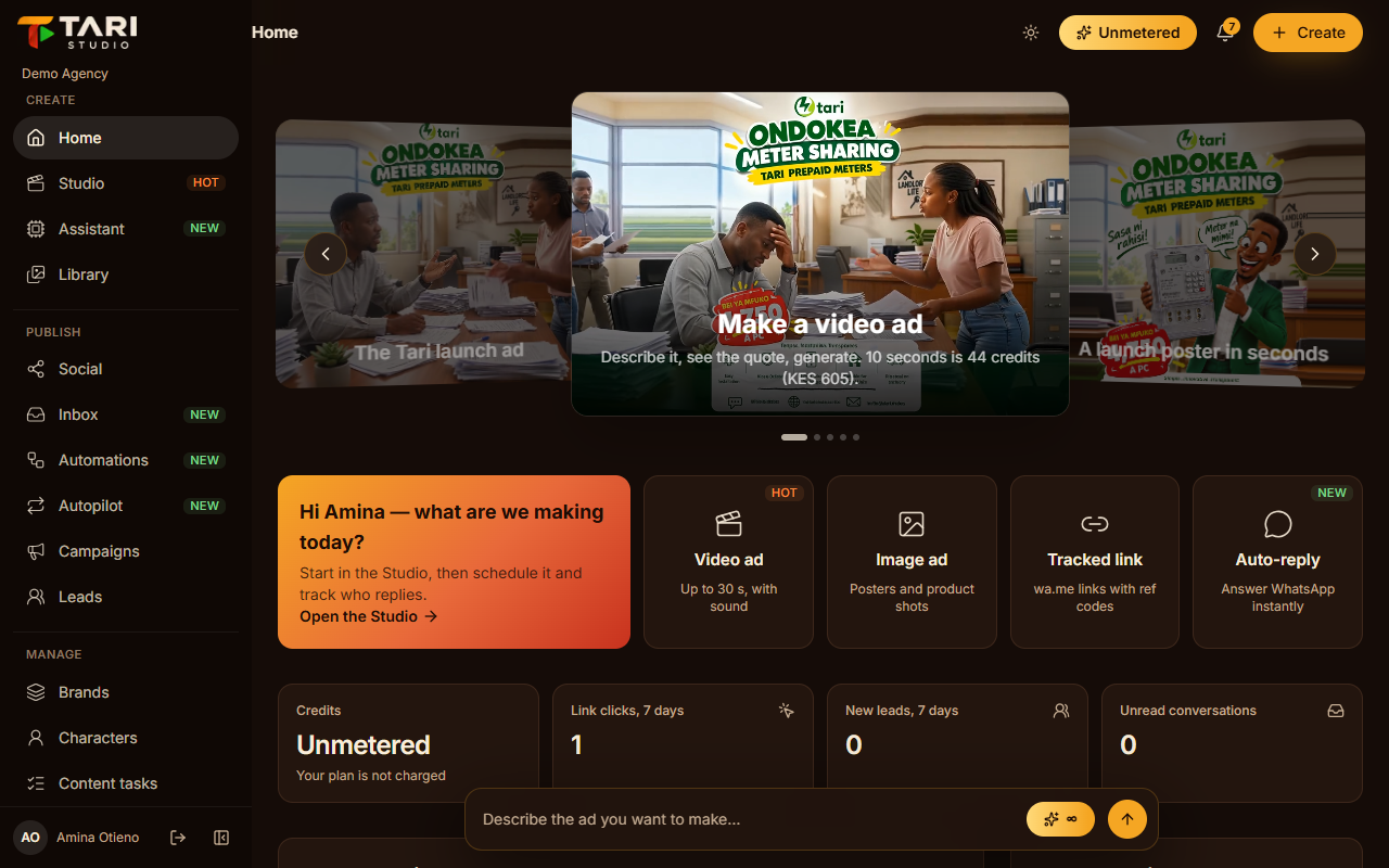 The home dashboard with the prompt bar, credits and recent creations