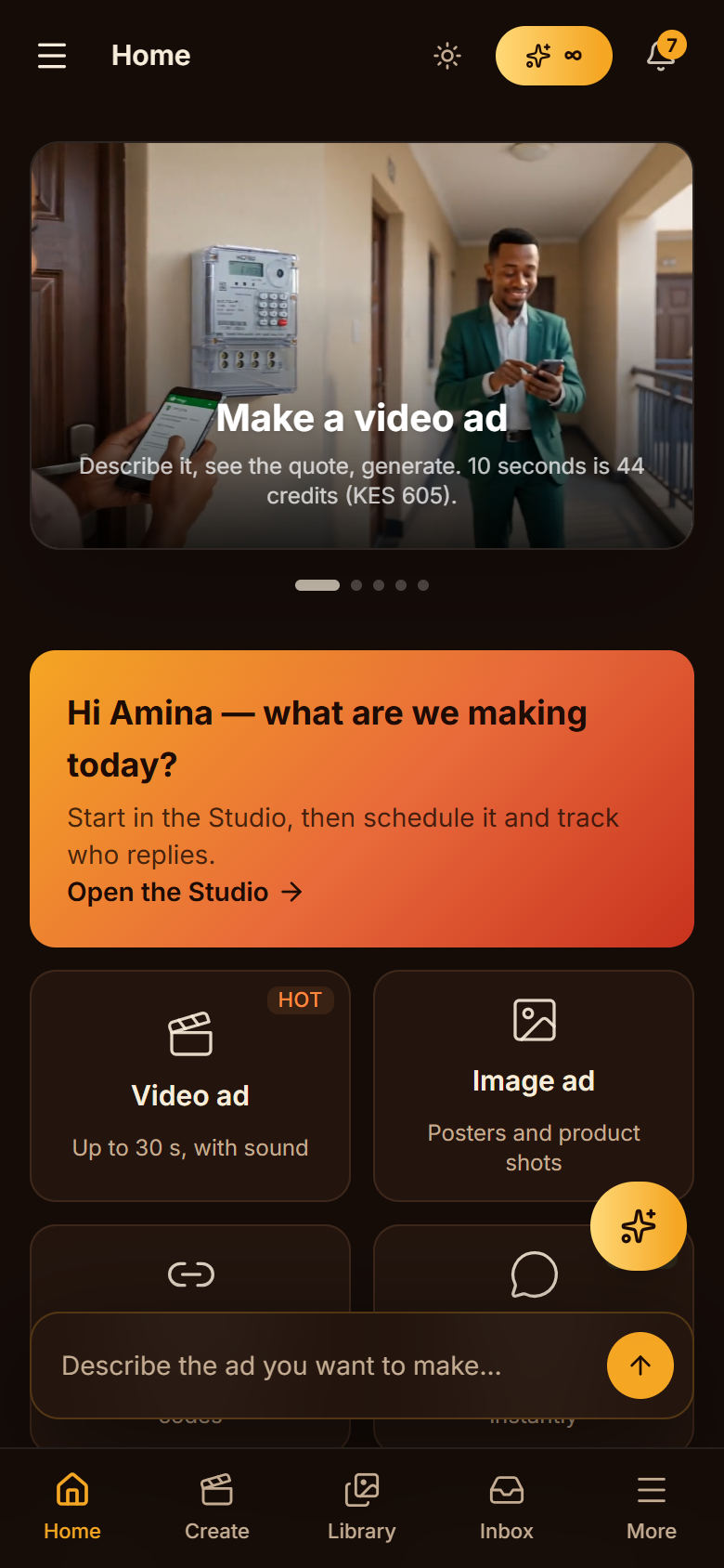 The app on a phone: the home screen with the tab bar at the bottom
