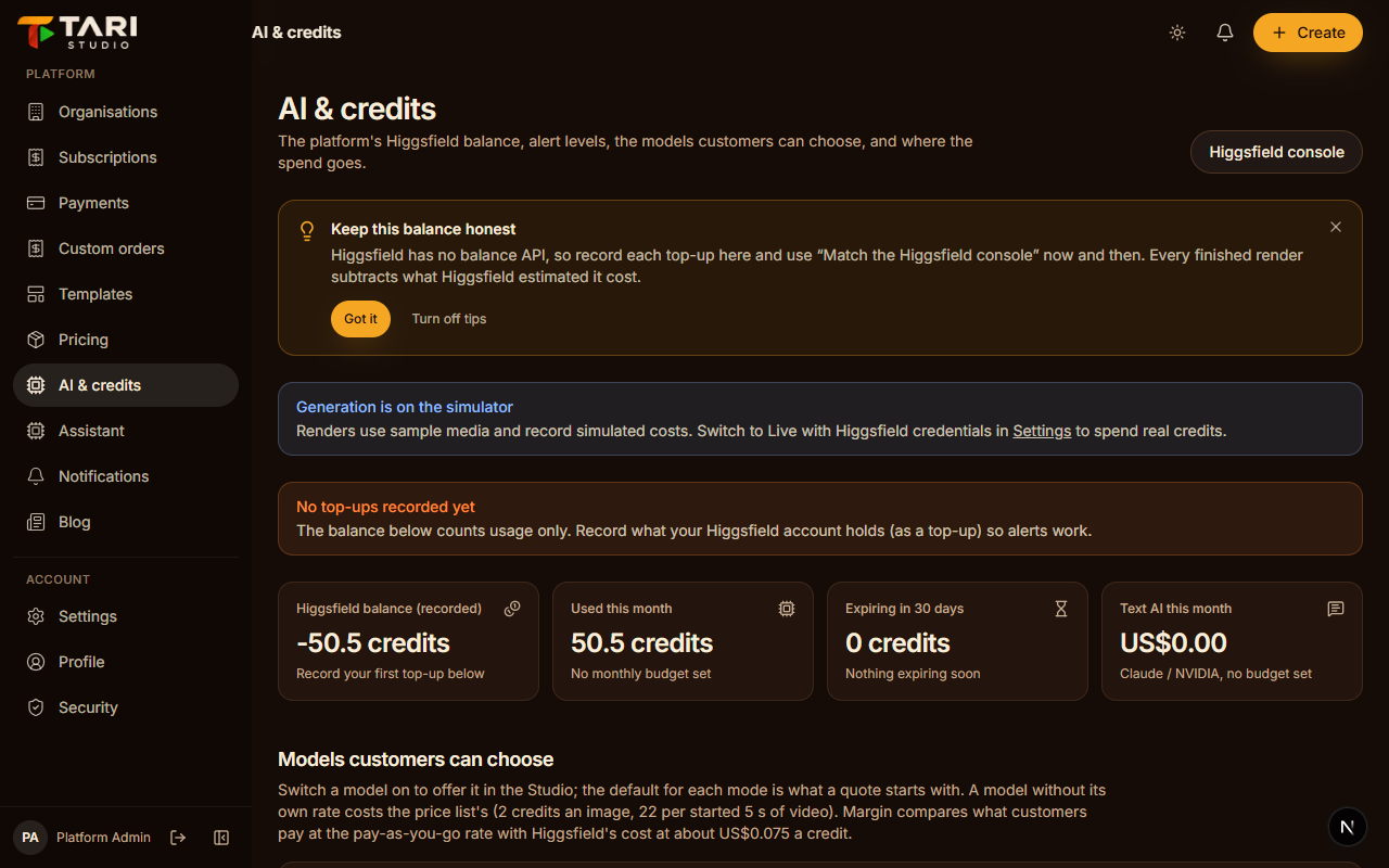 Platform admin AI models and credits page