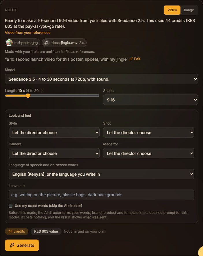 A quote showing attached files and the note on how they will be used